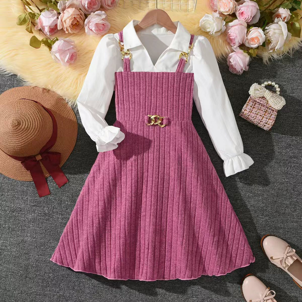 Girls' patchwork dress -  autumn collection - pink striped princess dress - stylish long sleeve children's dress