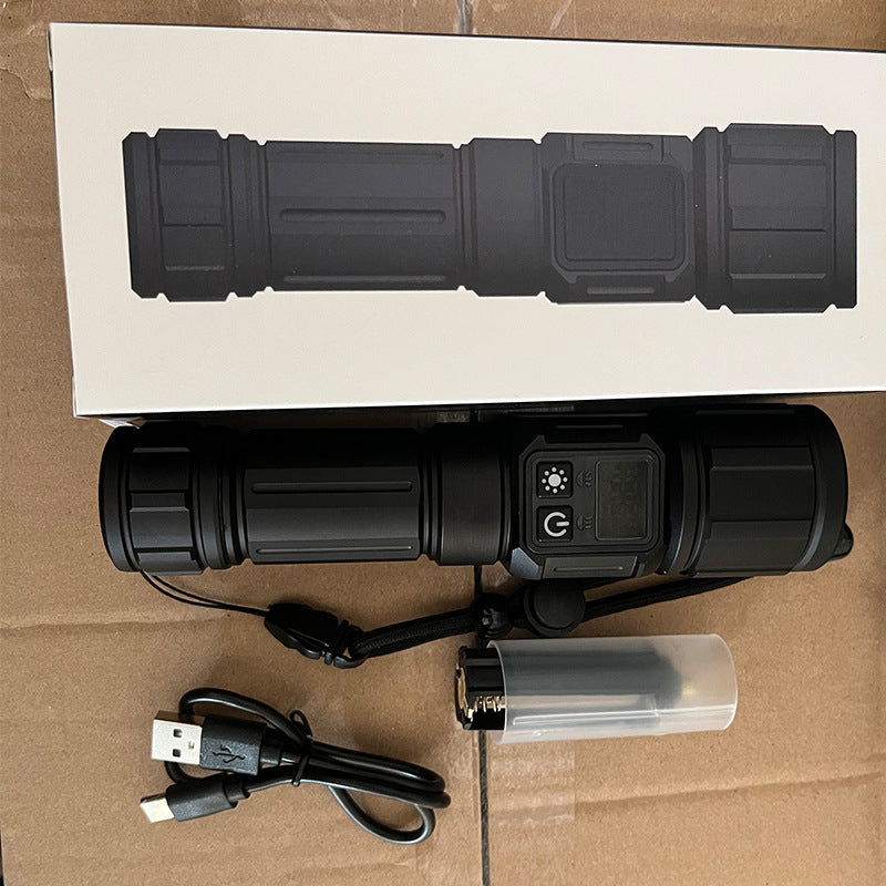 Cross-border white laser + COB strong light flashlight USB charging outdoor zoom smart screen display magnetic LED flashlight