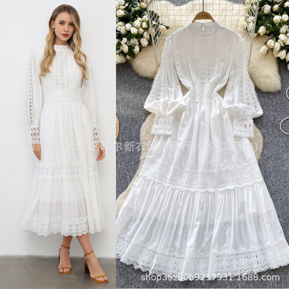 French style women's dress: court-inspired, slim-fit, hollow-out lace panel, flowy maxi dress for vacation