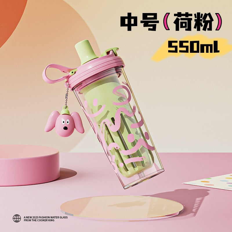 High-style summer double-walled water bottle, large capacity cartoon plastic straw cup, student and children's insulated water bottle with tea infuser, wholesale