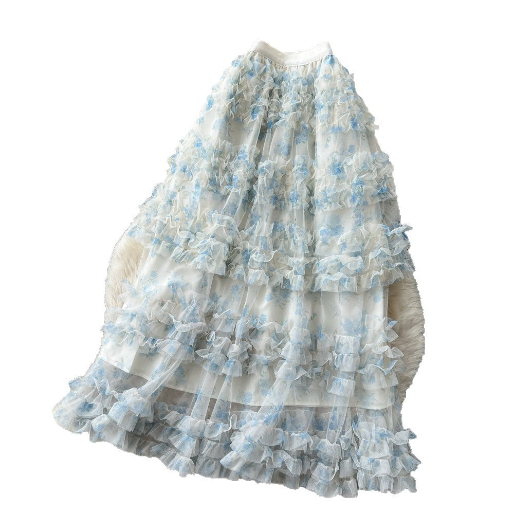 Fairy wind 3d floral mesh midi skirt - women's summer high-waisted a-line skirt - french chic, soft & versatile tulle skirt