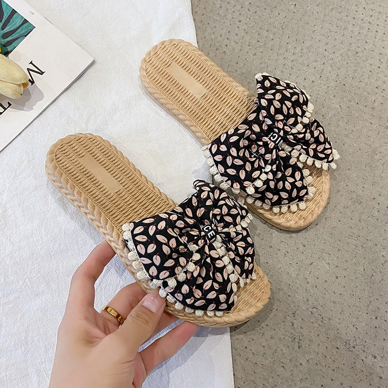 Women's summer fashion slippers - fairy style, trendy indoor/outdoor home slippers with tassels and bows, anti-slip beach sandals