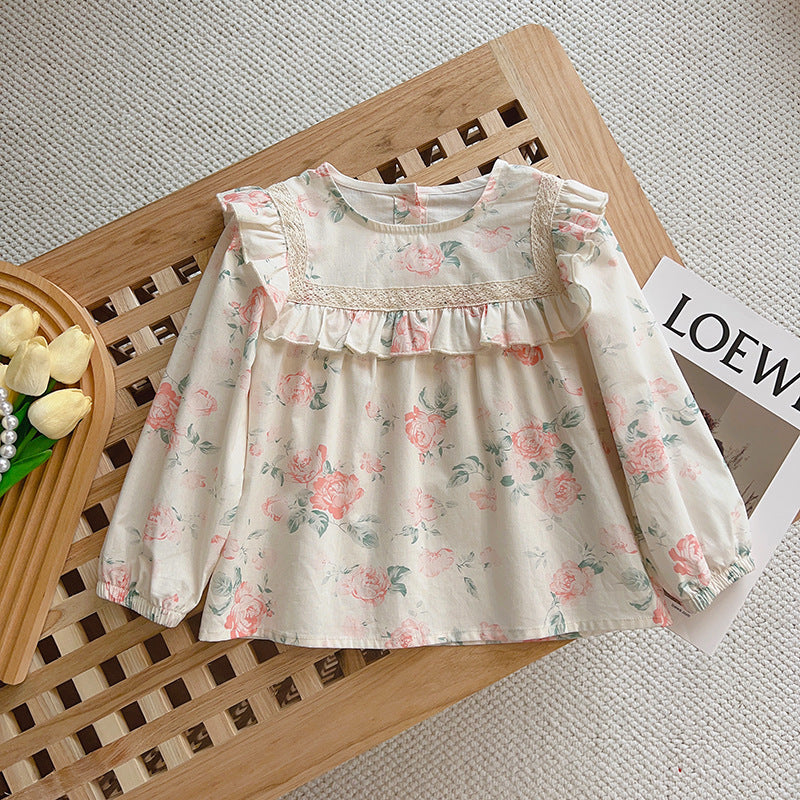 Girls'  autumn new arrival long-sleeve doll shirt with turn-down collar, spring/autumn chic embroidered blouse, korean style baby shirt, trendy