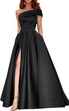 Export one-shoulder satin dress  evening dress birthday party tutu skirt green high slit sexy jumpsuit