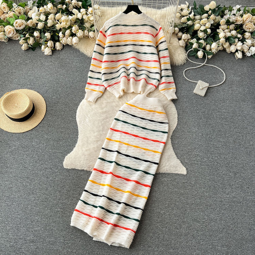 Fall and winternew arrival hong kong style retroknittingsuit women's long sleevesloose round neck stripestopsniche stylesense of design long skirt