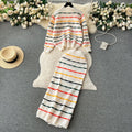 Fall and winternew arrival hong kong style retroknittingsuit women's long sleevesloose round neck stripestopsniche stylesense of design long skirt