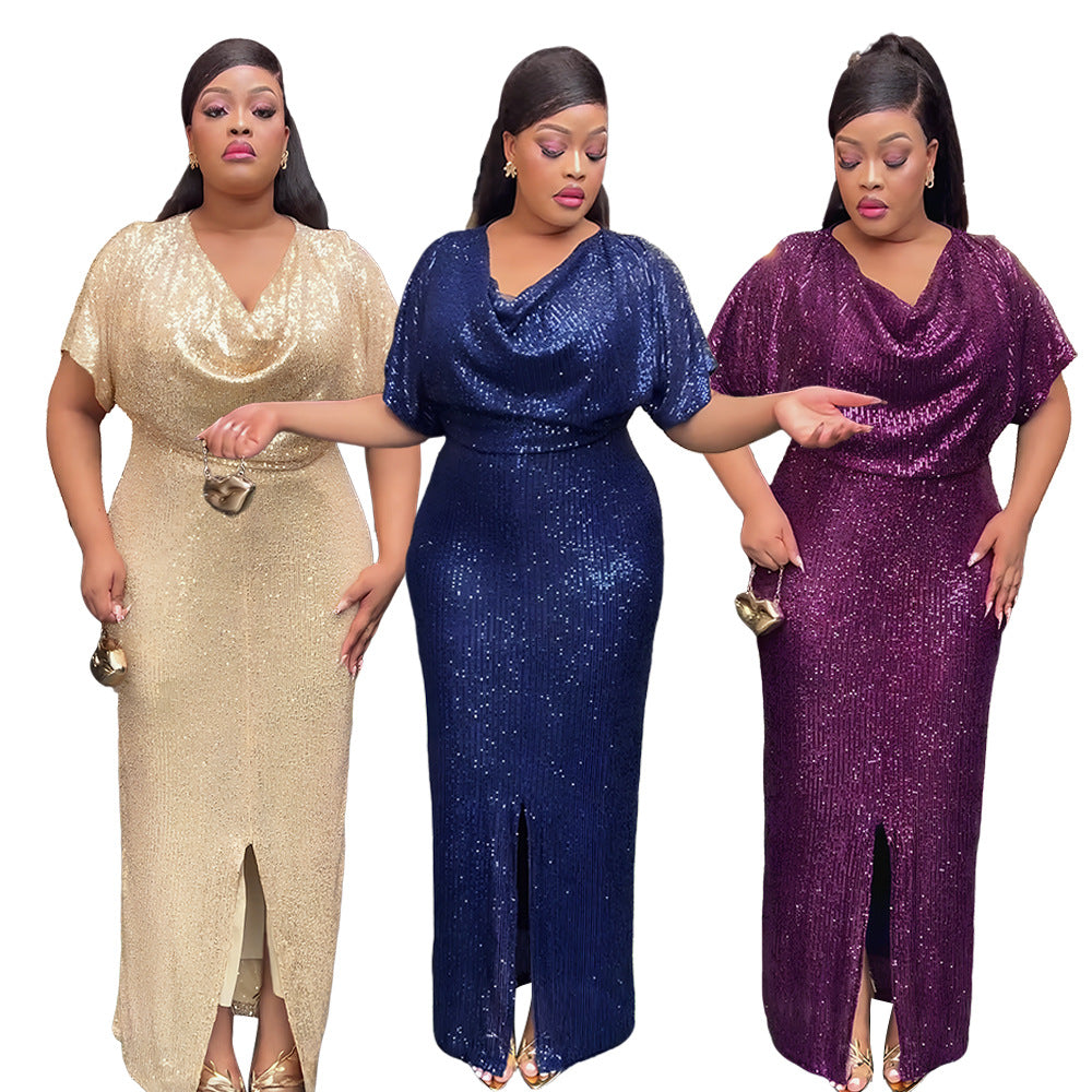 evening gown banquet dress hostess african cross-border fashion sequin plus size women's clothing european and american elegant dress