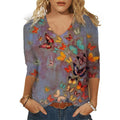 cross-border  women's casual printed v-neck 3/4 sleeve t-shirt top - in stock