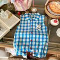 Newborn summer sleeveless casual outing romper, stylish baby lightweight bodysuit with turn-down collar and plaid pattern