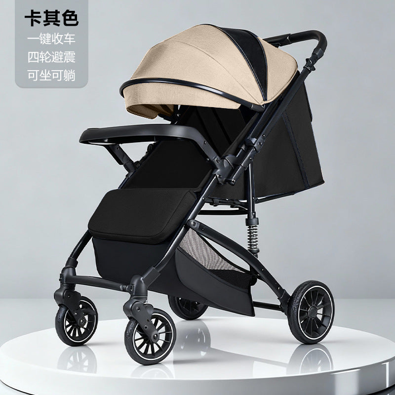 Stylish, lightweight, foldable, high-view four-wheel shock-absorbing baby stroller with one-click fold