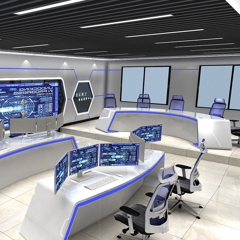 Saint li technology-style surveillance console, command center dispatch console, monitoring center operation console, curved workstation