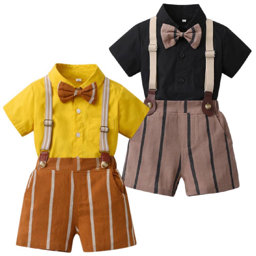 Korean style boys' summer outfit: stylish short-sleeve shirt and striped overalls set for boys
