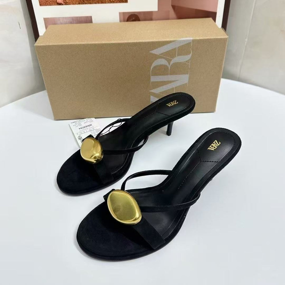Za summer new arrivals 2025: women's round-toe heeled sandals with metal buckle strap detail and open back – stylish ankle strap sandals