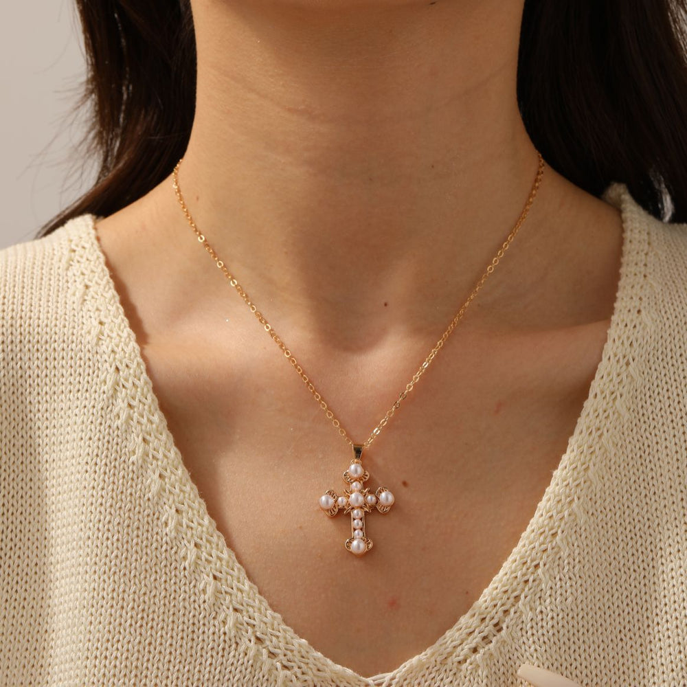French style inlaid pearl cross pendant wholesale european and american cross-border retro necklace women's accessible luxury nichesweater chain necklace