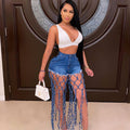 Bestselling women's jeans: new high-waisted, hollow-out, knotted wide-leg denim pants for  cross-border e-commerce
