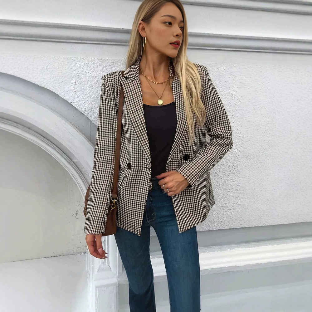 Women's casual houndstooth print double-breasted blazer - relaxed fit