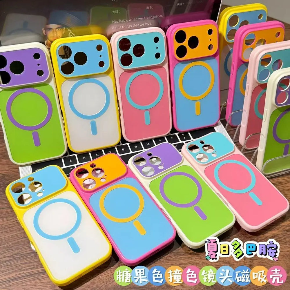 Suitable for apple 17pro mobile phone case summer candy contrasting color iphone16 anti-fall dopamine fine hole magnetic suction case