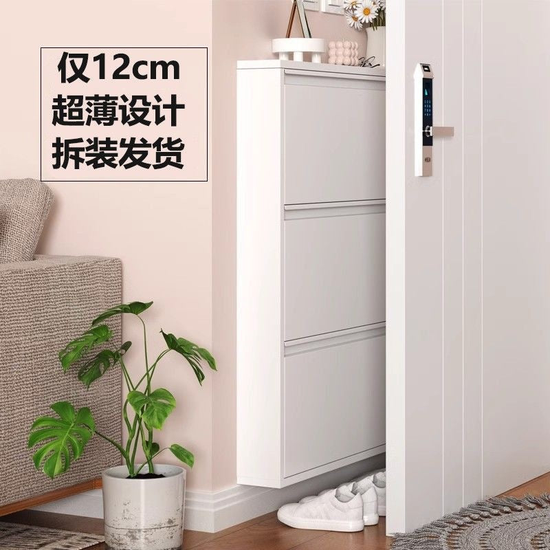 Ultra-slim steel tilt-out shoe cabinet - 12cm space-saving entryway organizer for small apartments - wall-mounted shoe rack