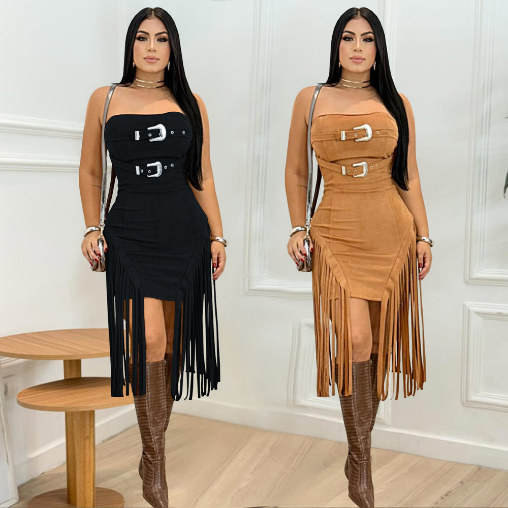 C7426 cross-border   fashion women's sexy sleeveless bandeau backless tassel dress