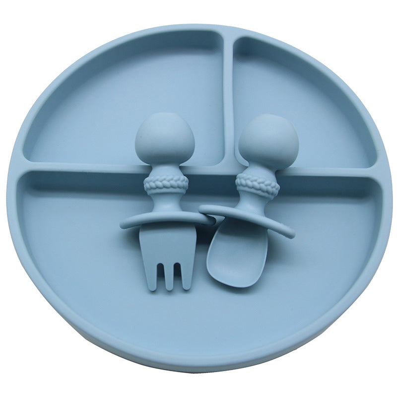 Children's silicone tableware set, complementary food bowl, baby learning to eat, fork, spoon, saliva pocket, strong suction, anti-drop tableware set