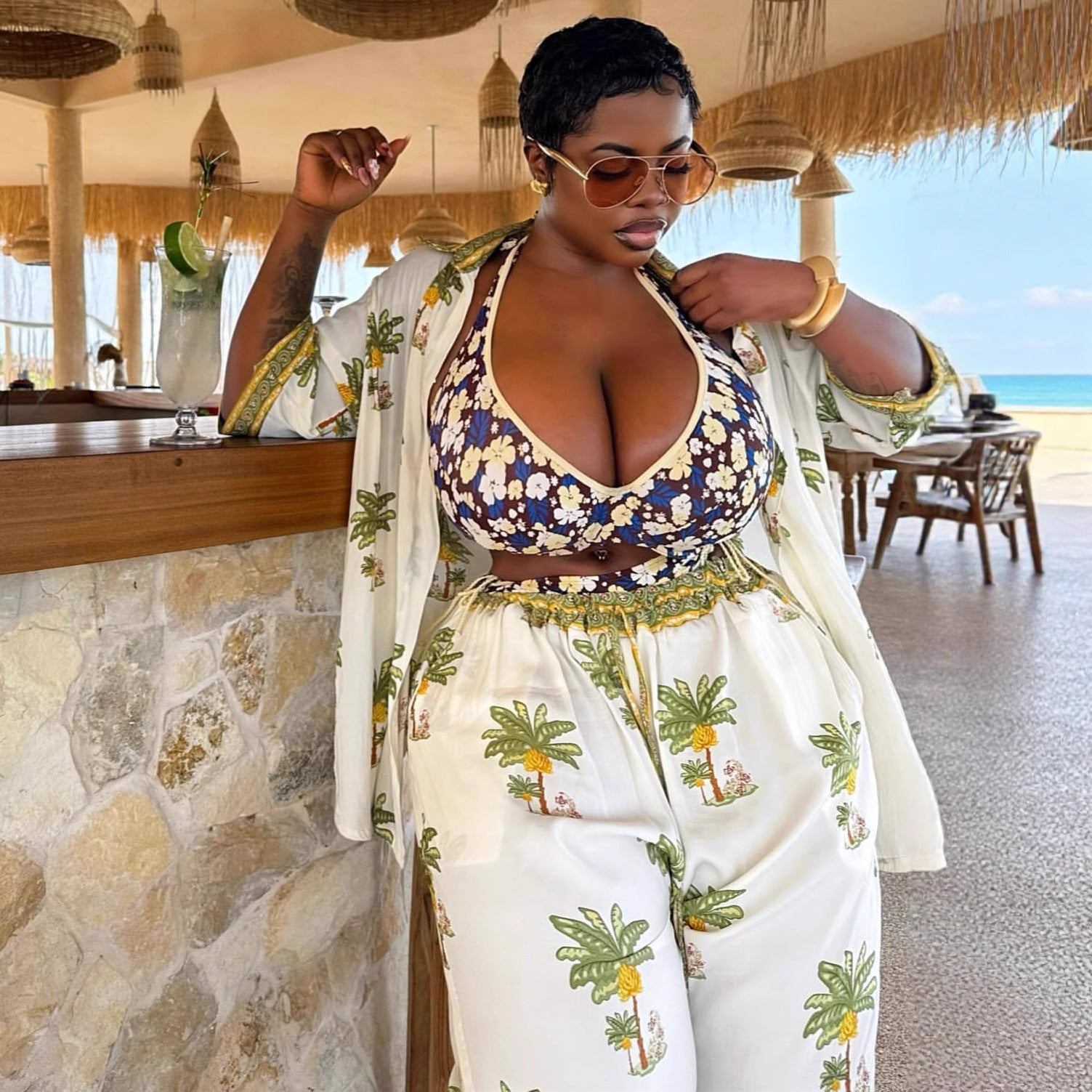 European and American large-size casual women's clothing set printed cardigan shirt trousers women's African loose fashion new two-piece set