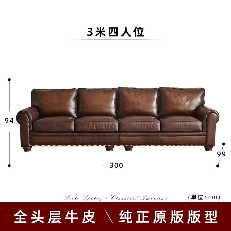 American sofa baton brown hand-rubbed full leather first-layer cowhide three-person row retro living room furniture