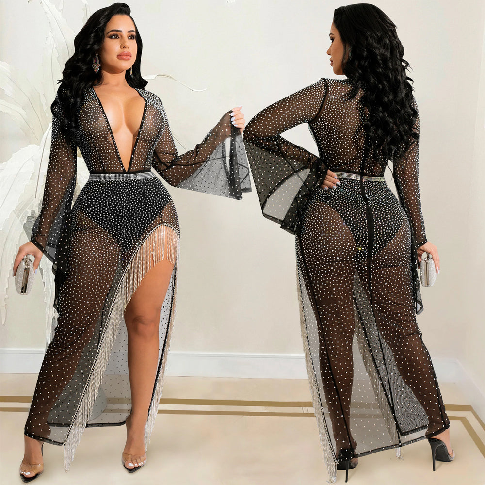 X5597  fashion sexy nightclub hot diamond deep v wide sleeves irregular slit flowing beard long skirt dress for women