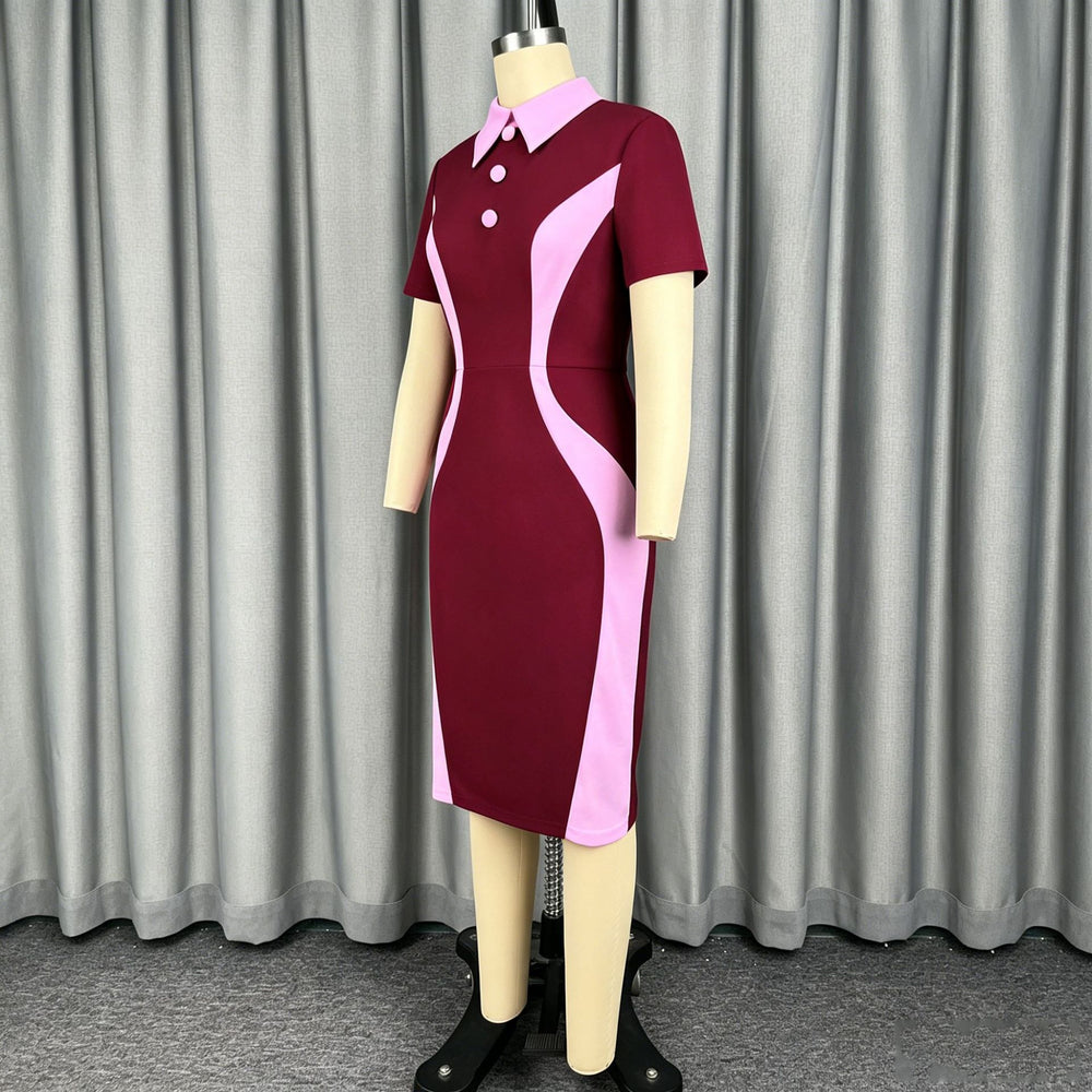 Summer slimming high-waisted short-sleeve dress - color block patchwork, turn-down collar, slim fit, casual style dresses