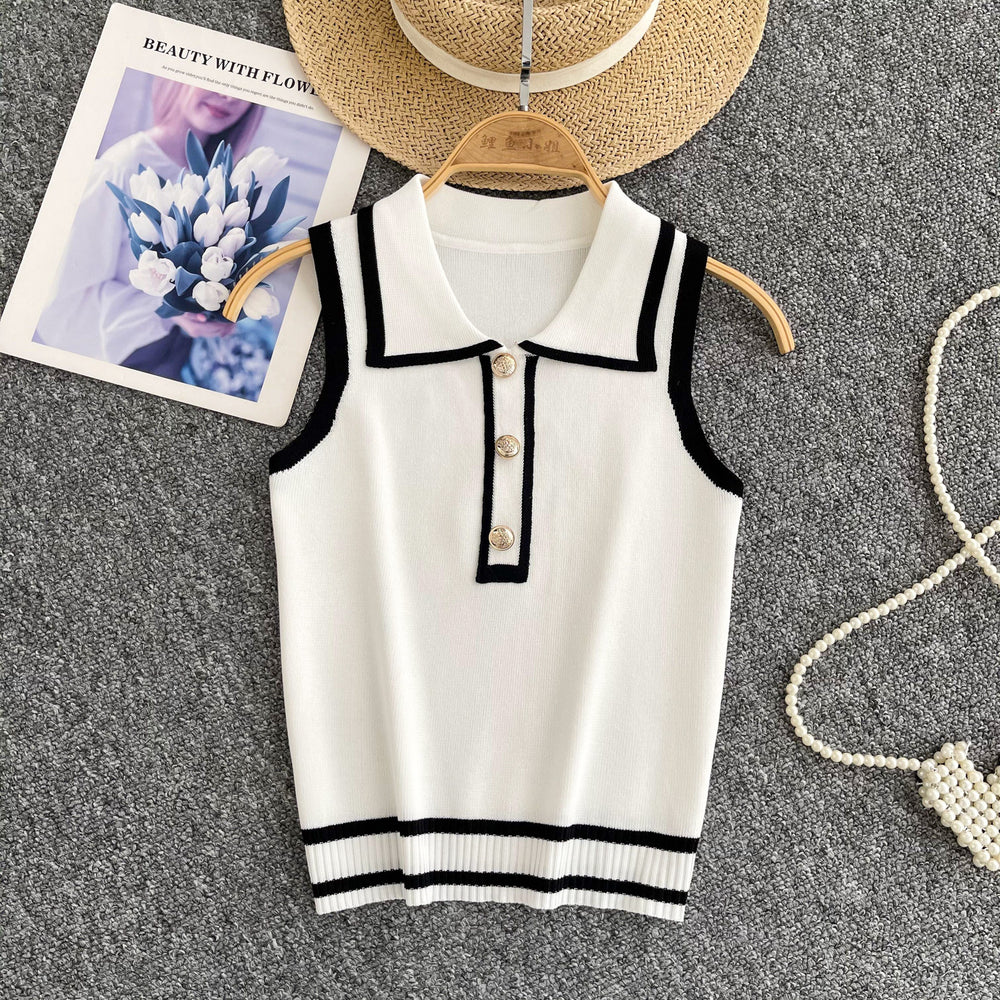 Minimalist striped knit sleeveless tank top for women - summer lapel, slim fit, figure-flattering design, chic and stunning, petite-friendly top