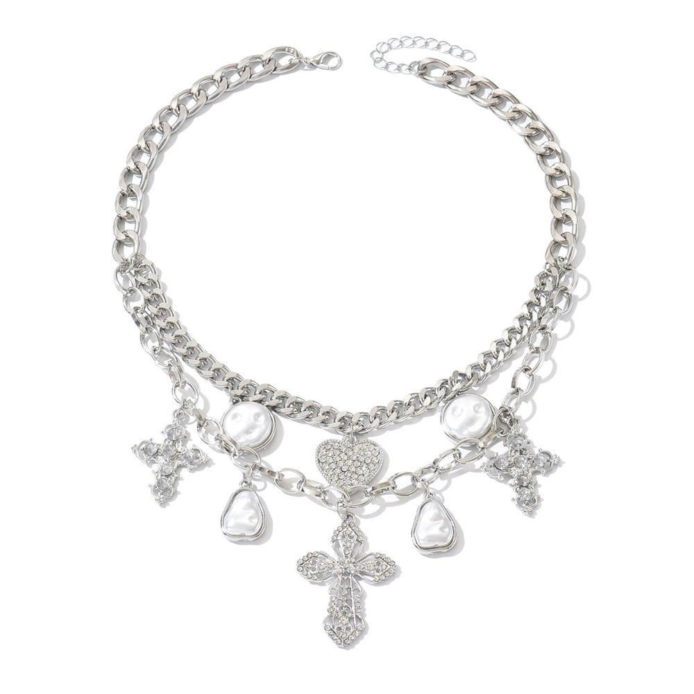 Stacked love cross necklace wholesale european and american cross-border cold style multi-layer exaggerated imitation pearl pendant clavicle chain