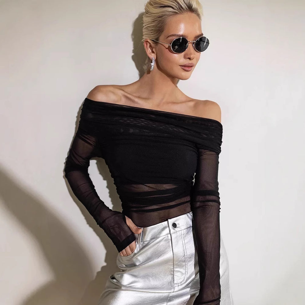 fall/winter new arrival: european and american style women's solid color slim-fit fashion one-shoulder mesh long sleeve top