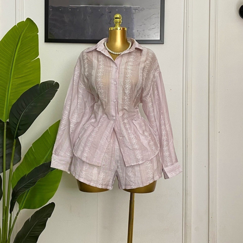 European and american cross-border women's fashion:  spring new collection - stylish turn-down collar, loose-fit solid color blouse and wide-leg shorts set