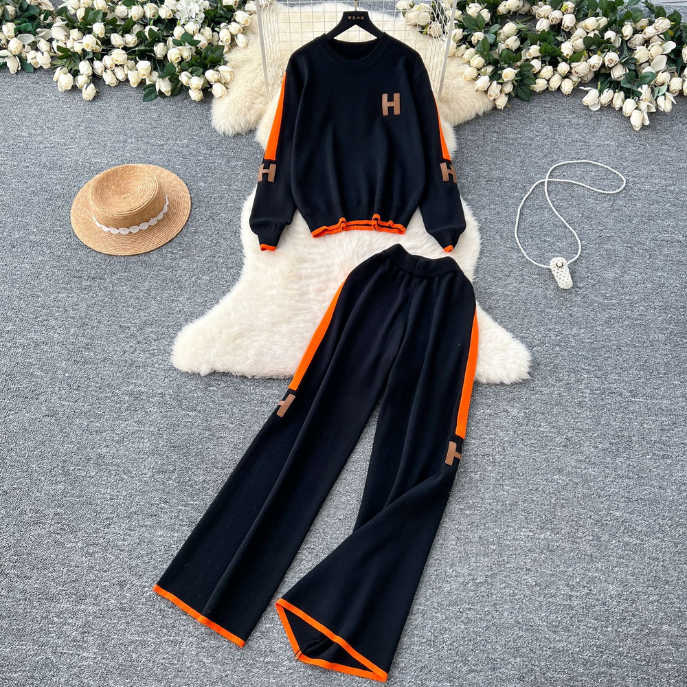 Trendy letter embroidered knit top long sleeve sweater high waist wide leg pants casual sporty two-piece set for women