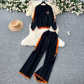Trendy letter embroidered knit top long sleeve sweater high waist wide leg pants casual sporty two-piece set for women