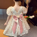 Girls' princess dress summer outfit  new style chic children's floral dress little girl bowknot puff sleeve dress