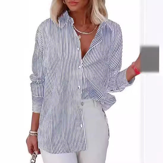 2024 Foreign Trade Women's Striped Button Shirt Classic Long Sleeve Fashion Collar Office Work Shirt Top