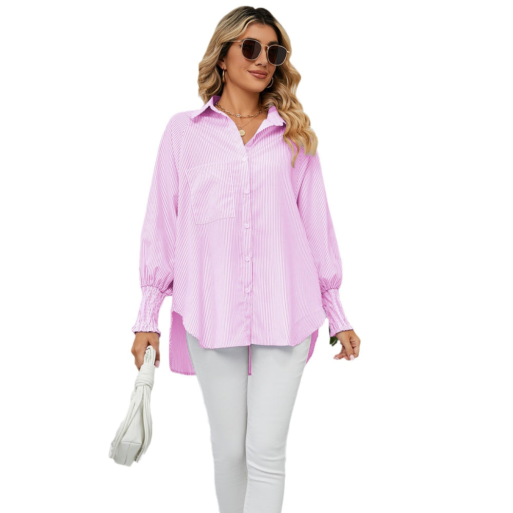 european and american women's clothing cross-border trade independent station  new arrival ruched cuff loose striped shirt top