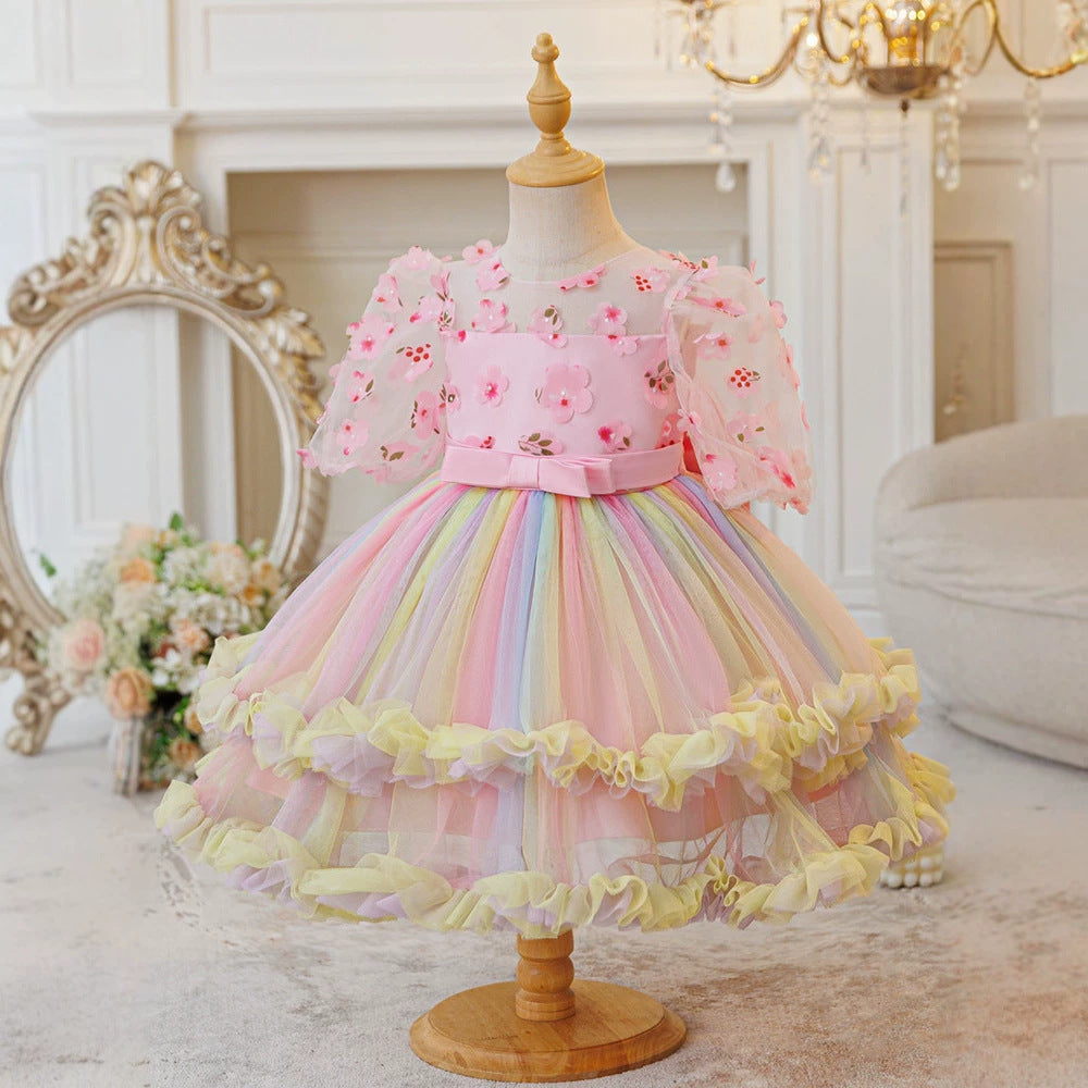 European and american new princess dress mesh print rainbow floral girl's wedding dress party baby's first birthday christening gown