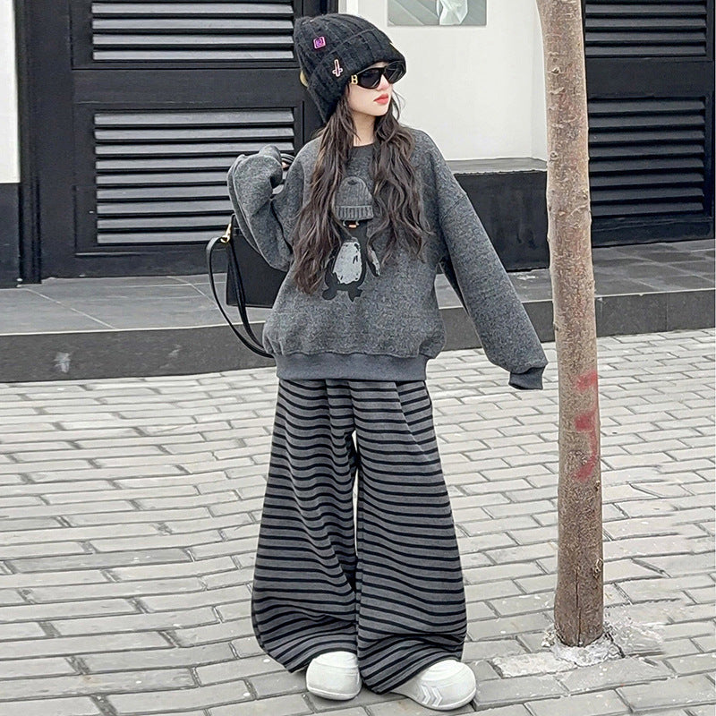 Girls' spring/autumn sweatshirt set -  spring new arrival - loose fit two-piece set for older girls - student striped wide-leg pants