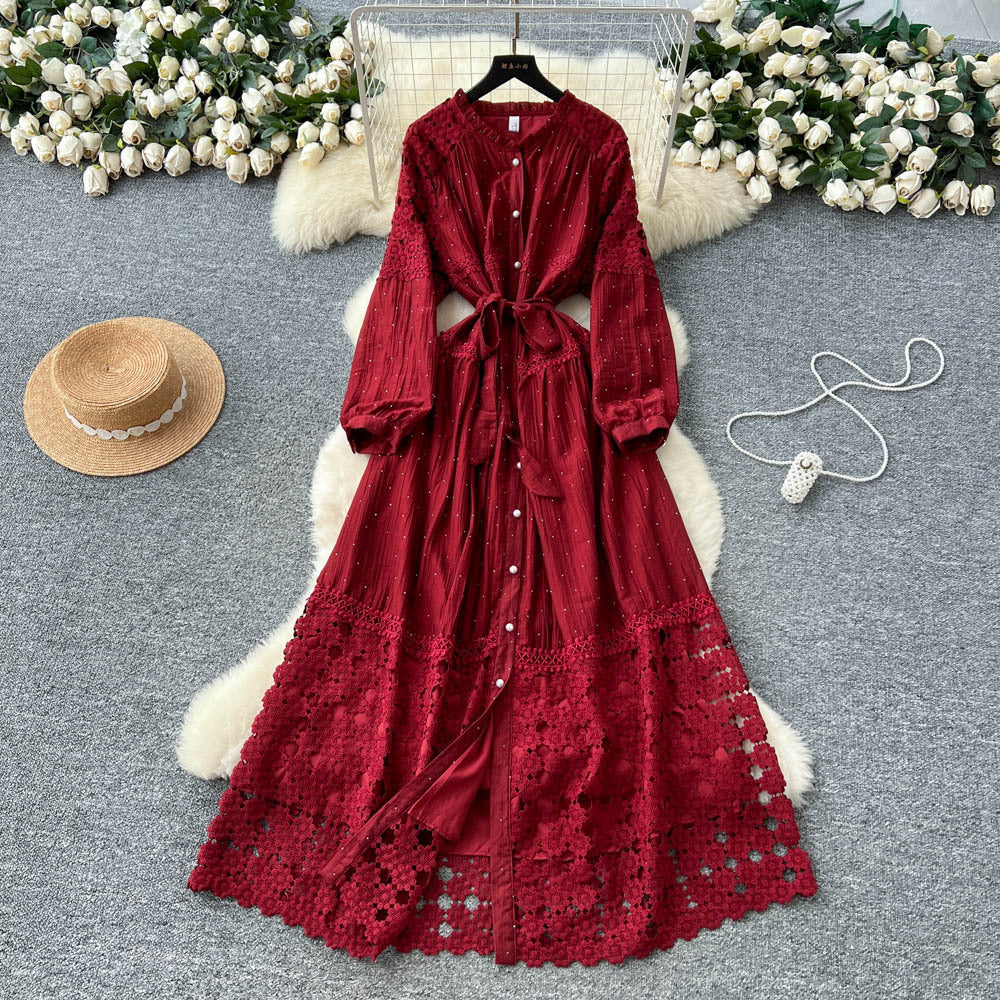 French retroelegancedress women's new arrivalclassy lacepatchwork strap waist elegant long skirt