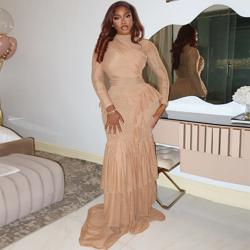 European and American  women's clothing 2025 autumn new fashionable semi-turtleneck waist hip-wrapped solid color dress splicing dress