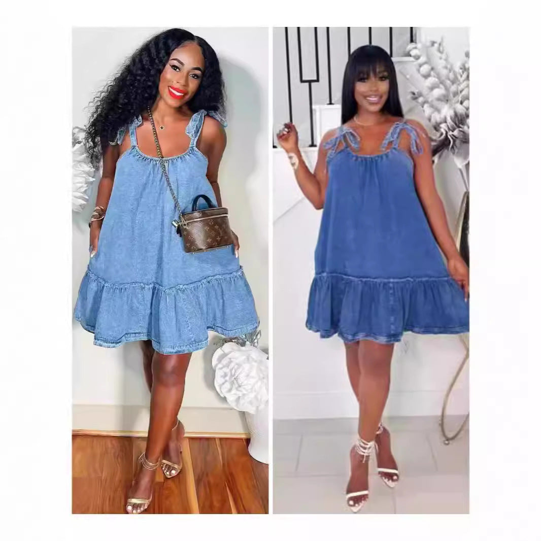 Cross-border Europe, America,  new women's clothing personalized fashion splicing suspenders straps washing denim dress women