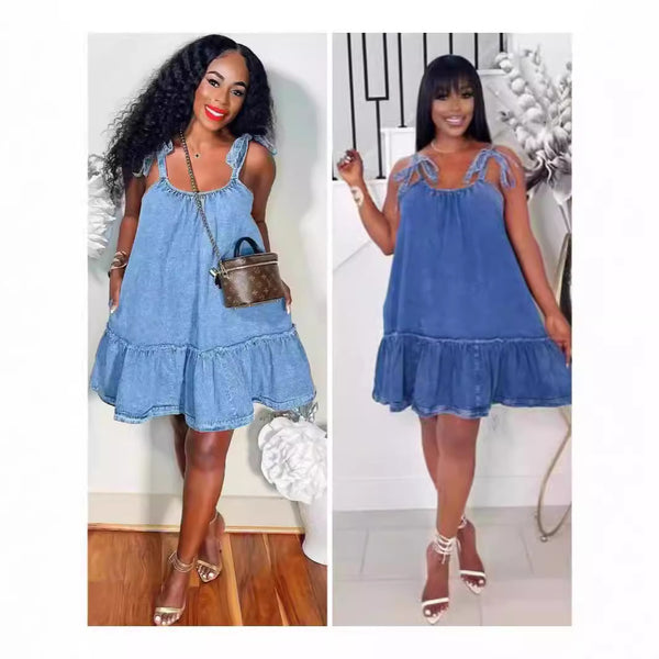Cross-border Europe, America,  new women's clothing personalized fashion splicing suspenders straps washing denim dress women