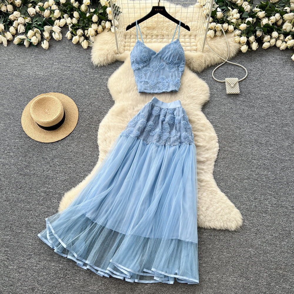 French romantic lace camisole and mesh skirt two-piece set - women's summer slimming chic fashion outfit