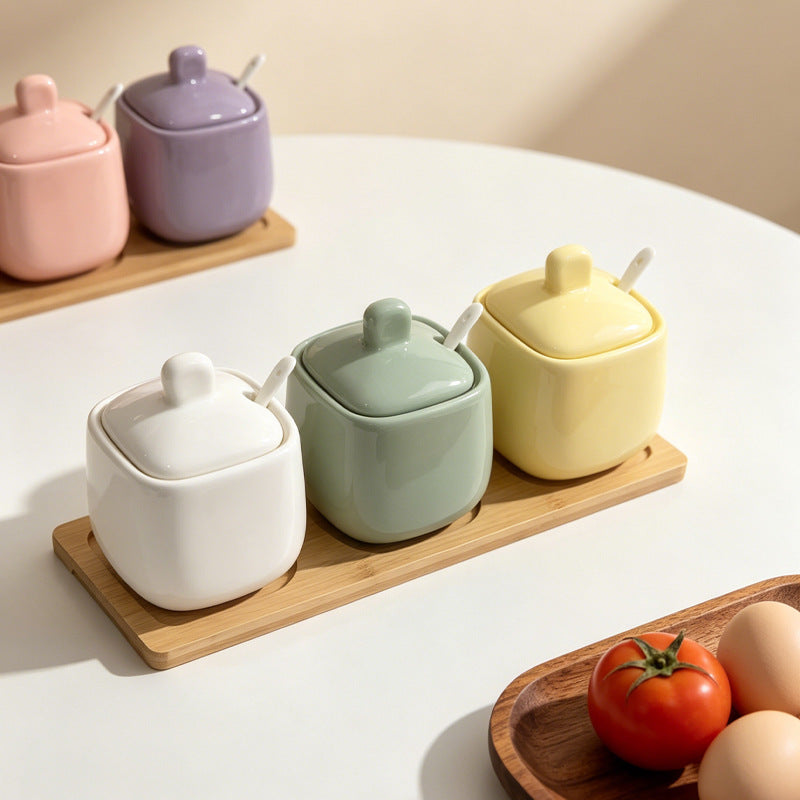 Wow, simple style seasoning jar ceramic seasoning box for home with lid wooden tray msg salt shaker round seasoning jar