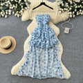French riviera style printed bandeau dress - women's summer princess style sweet ruffle tiered fairy dress
