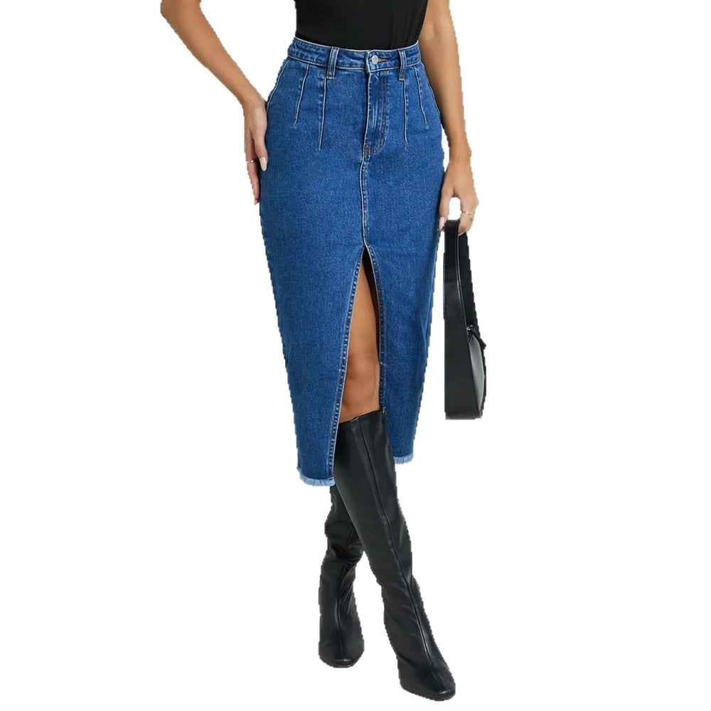 fashion style high elastic half-length denim skirt for women with front slit elegant arm-covering skirt easiest for matchslimming look blue denim skirt