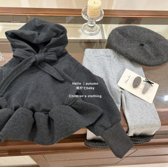 Girls' outfit:  autumn korean style design, bowknot hooded oversized floral bud gray sweatshirt and slouchy pants set - trendy