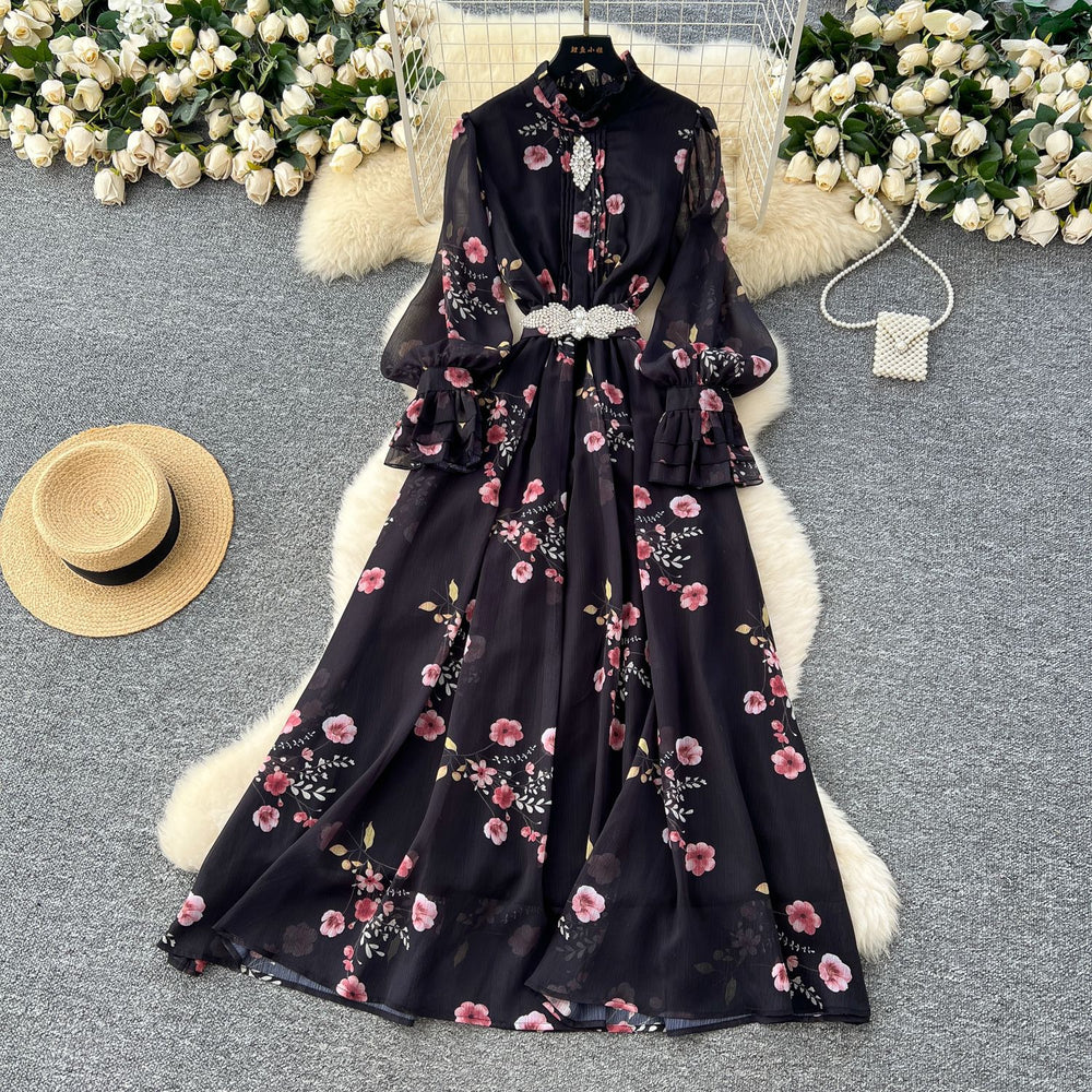 French chic dress - new  collection: fashionable, diamond-accented, slim-fit, elegant printed chiffon midi dress