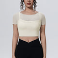 New arrival: solid color mesh double-layer breathable faux two-piece short sleeve top - perfect for casual wear, sports, running, fitness, and yoga